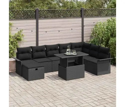 Sodo Sofų Rinkinys Su Pagalve 9 Pcs Juoda Poli Ratanas