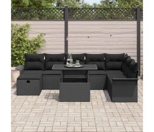 Sodo Sofų Rinkinys Su Pagalve 9 Pcs Juoda Poli Ratanas