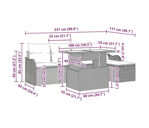6 Gab. Dārza Dīvānu Komplekts Ar Spilveniem Pelēkā Polietilēna Rotangpalma Vidaxl
