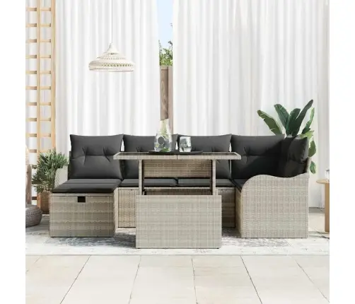 7 Gab. Dārza Dīvānu Komplekts Ar Spilveniem Gaiši Pelēks Poli Rotangpalma Vidaxl