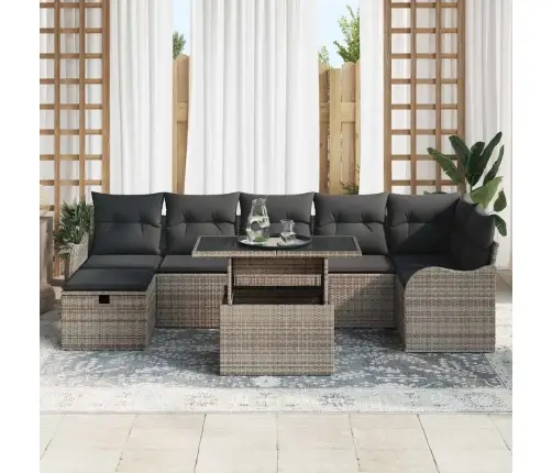 Sodo Sofų Rinkinys Su Pagalve 8 Pcs Pilka Poli Ratanas