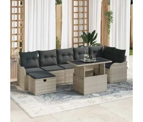 Sodo Sofų Rinkinys Su Pagalve 8 Pcs Šviesiai Pilka Poli Ratanas