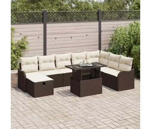 Sodo Sofų Rinkinys Su Pagalve 9 Pcs Ruda Poli Ratanas