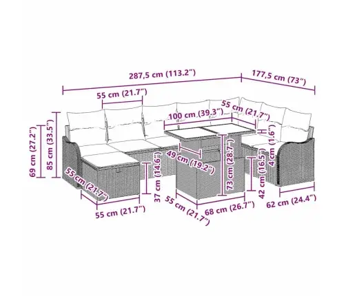 Sodo Sofų Rinkinys Su Pagalve 9 Pcs Ruda Poli Ratanas