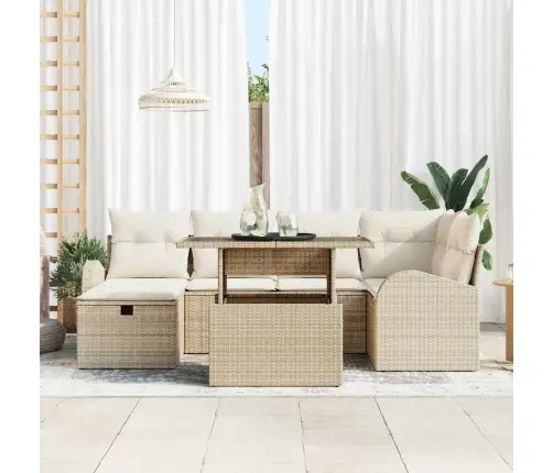 7 Daļu Dārza Dīvānu Komplekts Ar Spilveniem Bēša Poli Rotangpalma Vidaxl