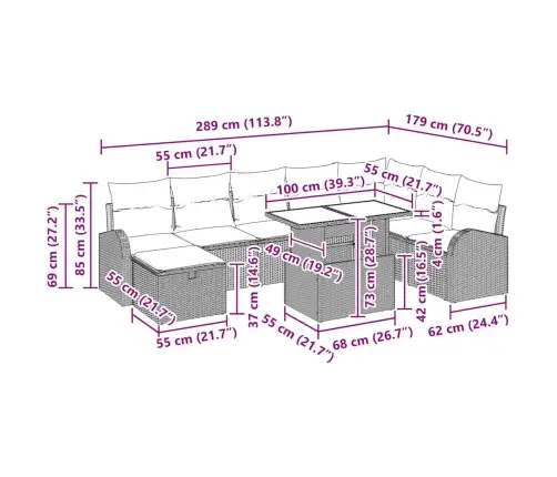 Dārza Dīvānu Komplekts 9 Pcs Bēša Poliūtu Rotangpalma Vidaxl