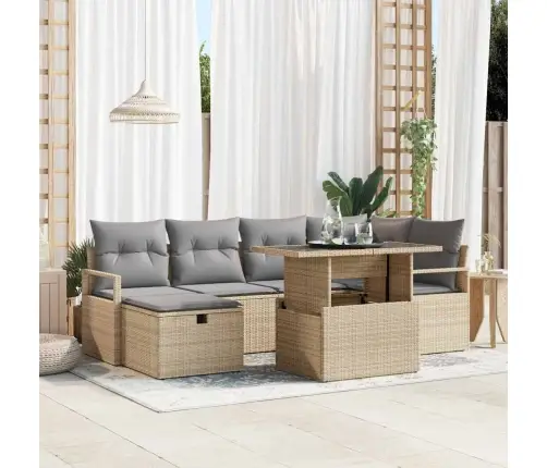 Sodo Sofų Rinkinys Su Pagalve 7 Pcs Smėlio Poli Ratanas