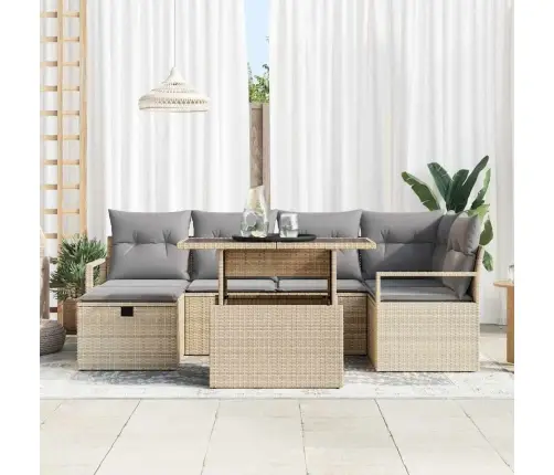 Sodo Sofų Rinkinys Su Pagalve 7 Pcs Smėlio Poli Ratanas