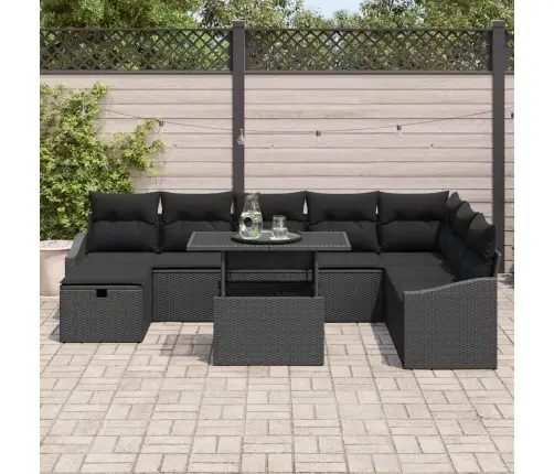 Sodo Sofų Rinkinys Su Pagalve 9 Pcs Juoda Poli Ratanas