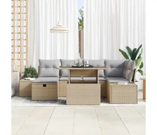 Sodo Sofų Rinkinys Su Pagalve 7 Pcs Smėlio Poli Ratanas