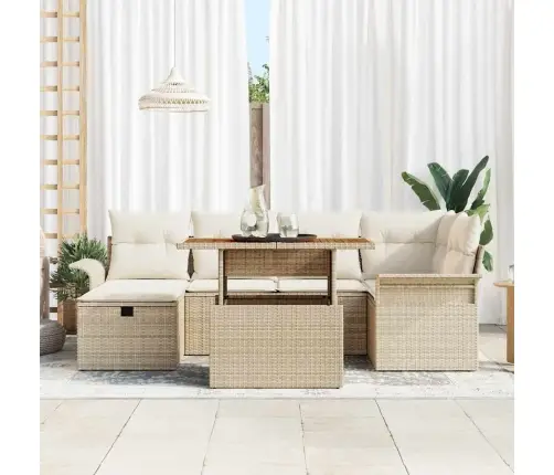 7 Gabalu Dārza Dīvānu Komplekts Ar Spilveniem Bēšs Poli Rotangpalma Vidaxl