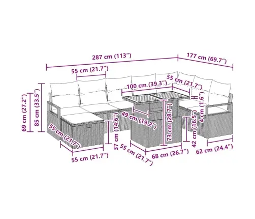 9 Gabalu Dārza Dīvānu Komplekts Ar Spilveniem Melns Poli Ratanā Vidaxl