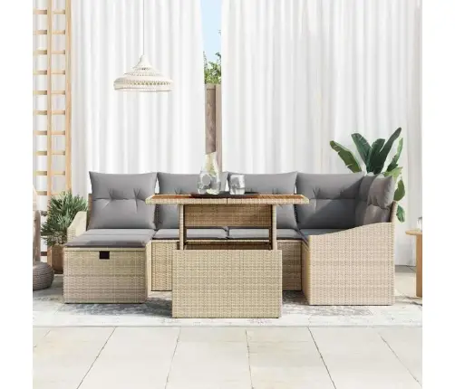 7 Gabalu Dārza Dīvānu Komplekts Ar Spilveniem Bēšs Poli Rotangpalma Vidaxl