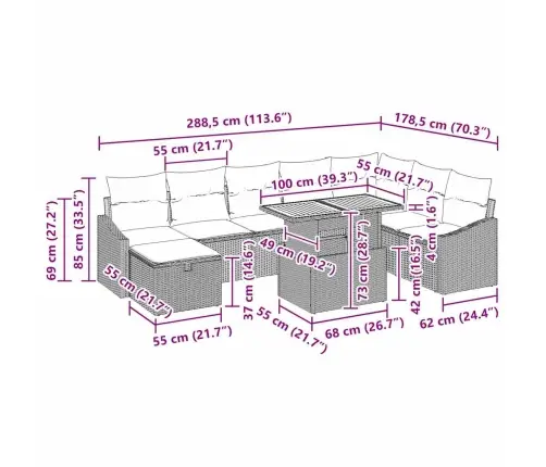9 Gabalu Dārza Dīvānu Komplekts Ar Spilveniem Pelēks Polyrattan Vidaxl