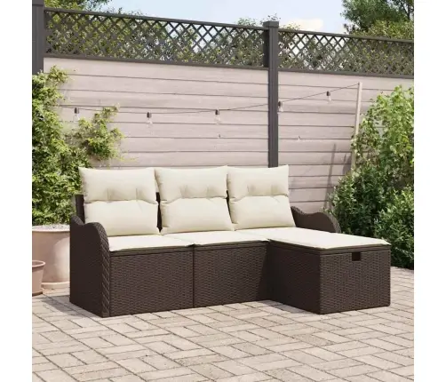 Sodo Sofų Rinkinys Su Pagalve 4 Pcs Ruda Poli Ratanas