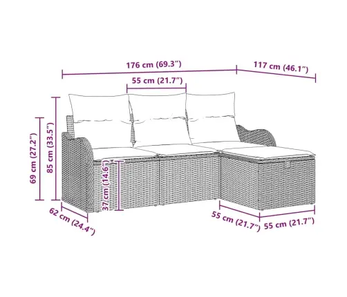 Sodo Sofų Rinkinys Su Pagalve 4 Pcs Ruda Poli Ratanas