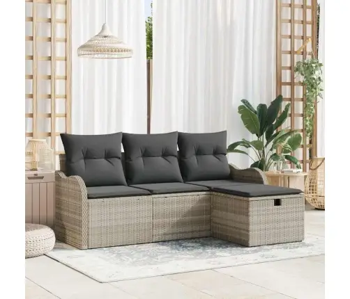 Sodo Sofų Rinkinys Su Pagalve 4 Pcs Šviesiai Pilka Poli Ratanas