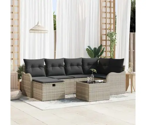 7 Gabalu Dārza Dīvānu Komplekts Ar Spilveniem Gaiši Pelēks Polietilēna Rotangpalma Vidaxl