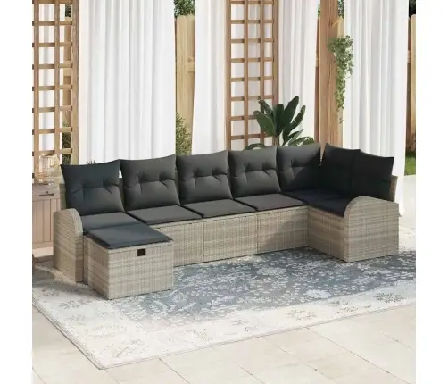 Sodo Sofų Rinkinys Su Pagalve 7 Pcs Šviesiai Pilka Poli Ratanas