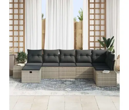 7 Daļu Dārza Dīvānu Komplekts Ar Spilveniem Gaiši Pelēks Poli Rotangpalma Vidaxl