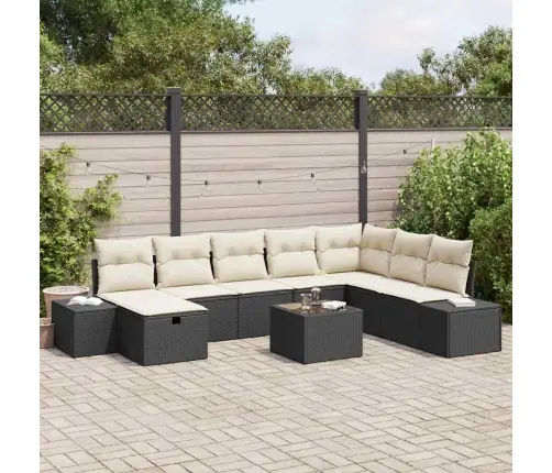 Sodo Sofų Rinkinys Su Pagalve 9 Pcs Juoda Poli Ratanas