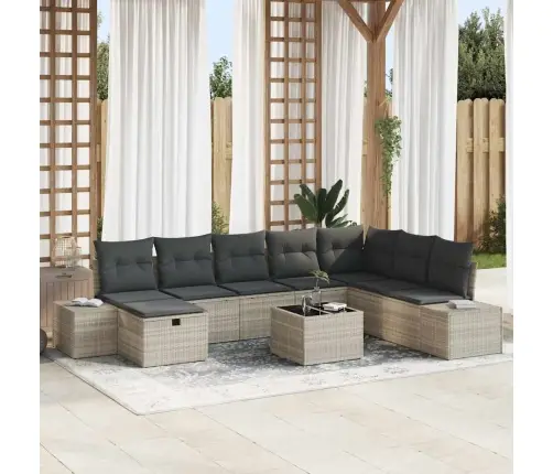 Sodo Sofų Rinkinys Su Pagalve 9 Pcs Šviesiai Pilka Poli Ratanas