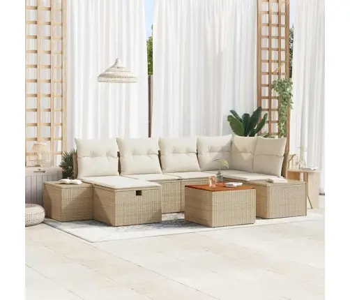 Sodo Sofų Rinkinys Su Pagalve 7 Pcs Smėlio Poli Ratanas