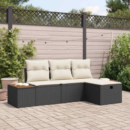 Sodo Sofų Rinkinys Su Pagalve 4 Pcs Juoda Poli Ratanas