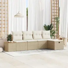 Sodo Sofų Rinkinys Su Pagalve 5 Pcs Smėlio Poli Ratanas