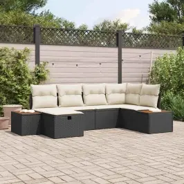 Sodo Sofų Rinkinys Su Pagalve 6 Pcs Juoda Poli Ratanas