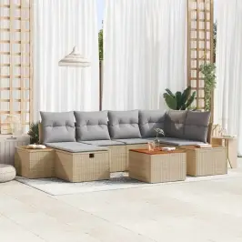 Sodo Sofų Rinkinys 7 Pcs Smėlio 55 X 62 X 69 Cm Poli Ratanas