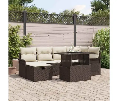 Sodo Sofų Rinkinys Su Pagalve 7 Pcs Ruda Poli Ratanas