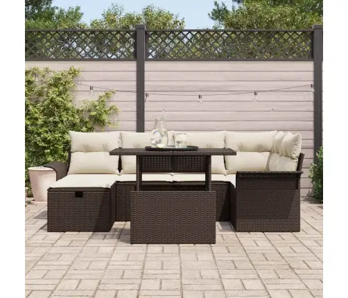 Sodo Sofų Rinkinys Su Pagalve 7 Pcs Ruda Poli Ratanas