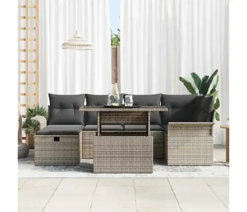 7 Daļu Dārza Dīvānu Komplekts Ar Spilveniem Pelēka Polietilēna Rotangpalma Vidaxl