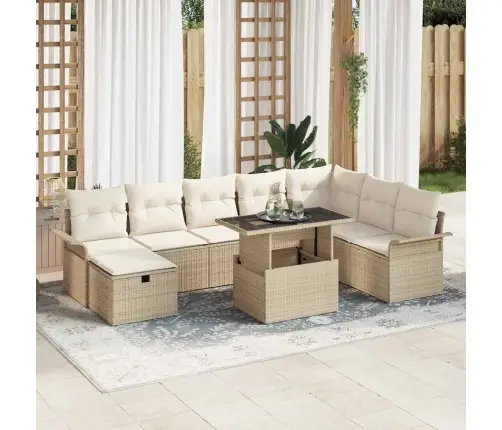 9 Gab. Dārza Sofa Komplekts Ar Spilveniem, Bēšs Poli Rotangpalma Vidaxl