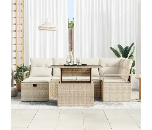 Sodo Sofų Rinkinys Su Pagalve 7 Pcs Smėlio Poli Ratanas