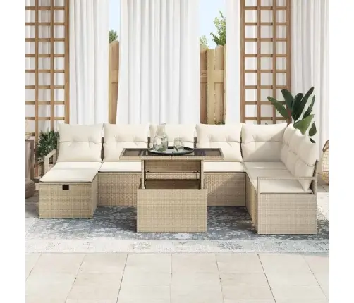 9 Daļu Dārza Dīvānu Komplekts Ar Spilveniem Bēšā Poli Rotangpalma Vidaxl