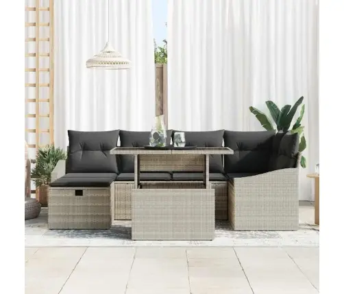 Sodo Sofų Rinkinys Su Pagalve 7 Pcs Šviesiai Pilka Poliratanas