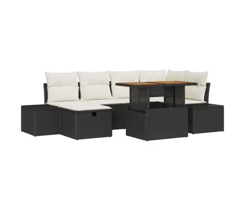 7 Daļu Dārza Ēdamgalds Ar Spilveniem Melnā Polyratānā Un Akāciju. Vidaxl