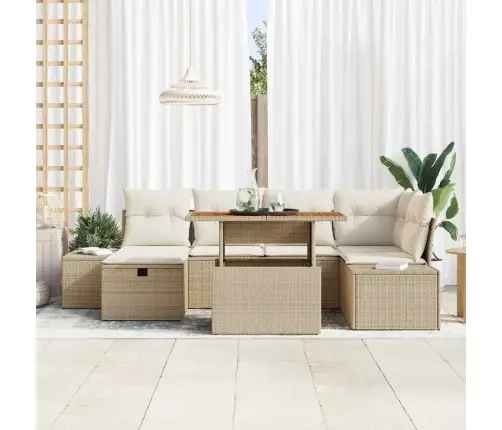 7 Gabalu Dārza Galda Komplekts Ar Spilveniem. Bēšs Polirattans, Akācija. Vidaxl