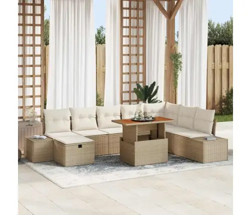 9 Daļu Dārza Galda Komplekts Ar Spilveniem Bēšā Polyratānā Un Akācijām. Vidaxl