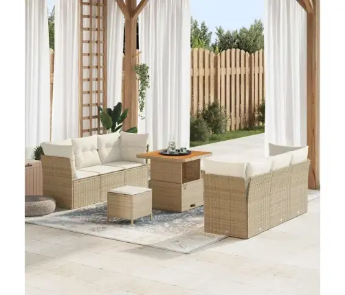 9 Daļu Dārza Dīvāns Ar Spilveniem Bēšā Polyratānā Un Akāciju. Vidaxl