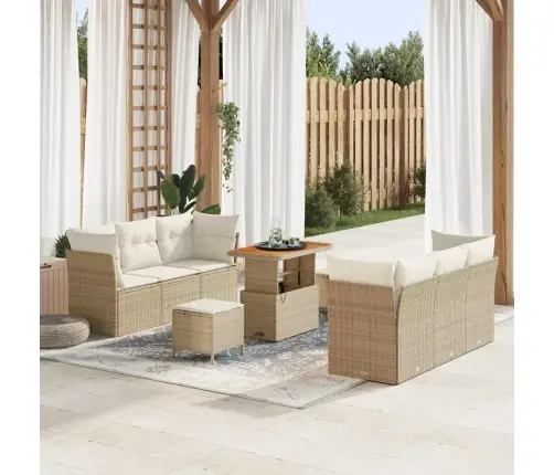 9 Daļu Dārza Dīvānu Komplekts Ar Spilveniem Bēšā Poliratāna Un Akācijas Koka Vidaxl