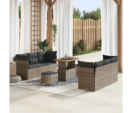 9 Daļu Dārza Dīvānu Komplekts Ar Spilveniem Pelēkā Poli Ratanā, Izstrādāts Īpaši Akacijai. Vidaxl