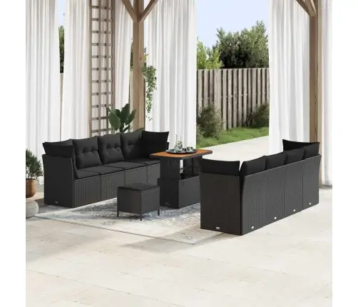 11 Daļu Dārza Dīvāns Ar Spilveniem Melnā Krāsā, Izgatavots No Poliratanā Un Akāciju. Vidaxl