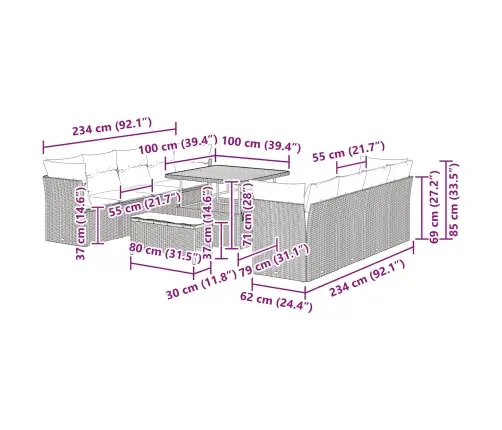 11 Daļu Dārza Dīvānu Komplekts Ar Spilveniem. Melns Polirattans Un Akācija. Vidaxl