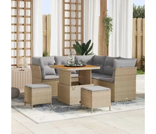 8 Daļu Dārza Dīvānu Komplekts Ar Spilveniem Bēšā Krāsā No Poliratanas Un Akācijas. Vidaxl