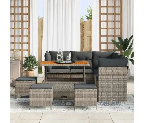 9 Daļu Dārza Dīvānu Komplekts Ar Spilveniem, Pelēks, No Polirasena, Akācijas Vidaxl