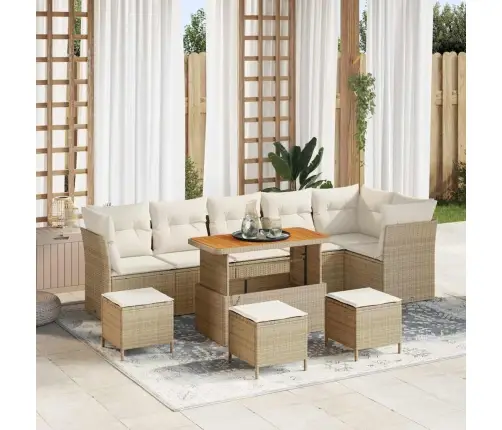 10 Gabalu Dārza Dīvānu Komplekts Ar Spilveniem - Bēšs Poliestera Rattan, Akācija Vidaxl