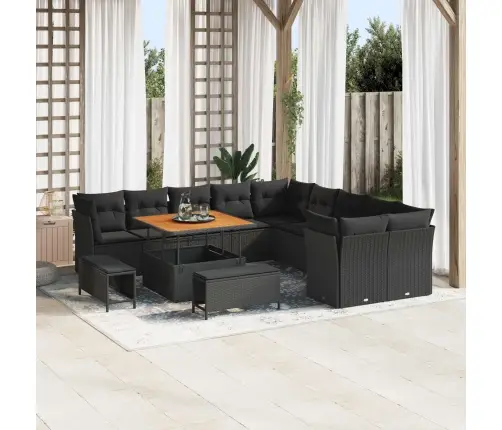 13 Daļu Dārza Dīvānu Komplekts Ar Spilveniem Melnā Poliratanā, Akācijas Koks Vidaxl